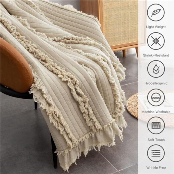Ultra Soft Pre-Washed Quilted Boho Throw Blanket, Ruffle Fringed Beige - Picture 5 of 8